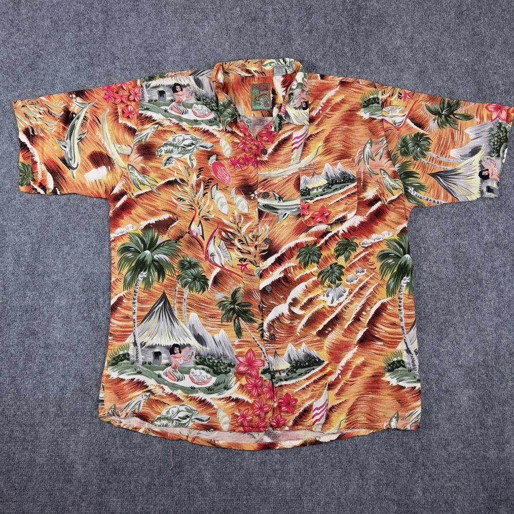 Vtg Pineapple Connection Hawaiian Shirt Mens XL Orange Tropical Hula Rayon